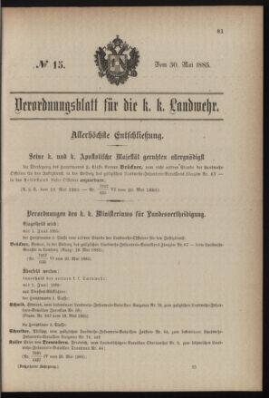 Verordnungsblatt für die Kaiserlich-Königliche Landwehr 18850530 Seite: 1