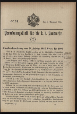 Verordnungsblatt für die Kaiserlich-Königliche Landwehr 18851109 Seite: 1