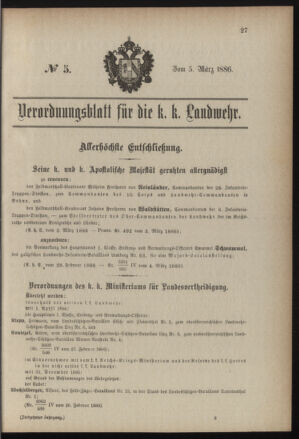 Verordnungsblatt für die Kaiserlich-Königliche Landwehr 18860305 Seite: 1