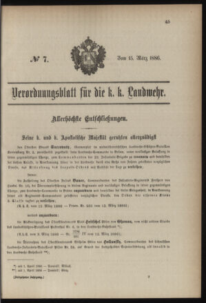 Verordnungsblatt für die Kaiserlich-Königliche Landwehr 18860315 Seite: 1