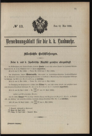 Verordnungsblatt für die Kaiserlich-Königliche Landwehr 18860512 Seite: 1