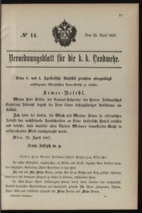 Verordnungsblatt für die Kaiserlich-Königliche Landwehr 18870425 Seite: 1