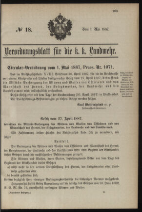 Verordnungsblatt für die Kaiserlich-Königliche Landwehr 18870501 Seite: 1