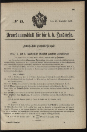 Verordnungsblatt für die Kaiserlich-Königliche Landwehr 18871223 Seite: 1