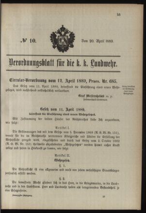 Verordnungsblatt für die Kaiserlich-Königliche Landwehr 18890420 Seite: 1