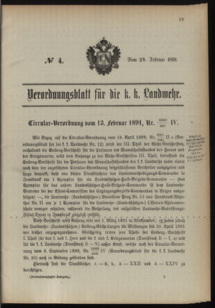 Verordnungsblatt für die Kaiserlich-Königliche Landwehr 18910224 Seite: 1