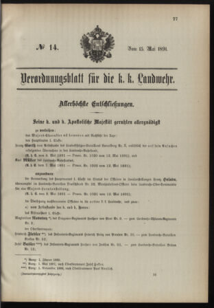 Verordnungsblatt für die Kaiserlich-Königliche Landwehr 18910515 Seite: 1