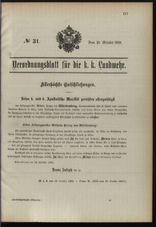 Verordnungsblatt für die Kaiserlich-Königliche Landwehr 18911021 Seite: 1