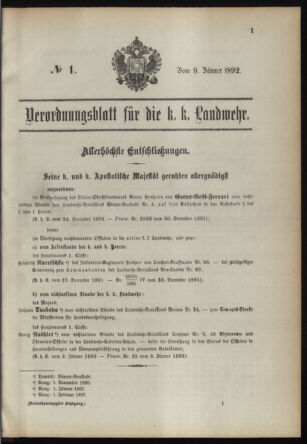 Verordnungsblatt für die Kaiserlich-Königliche Landwehr 18920109 Seite: 1