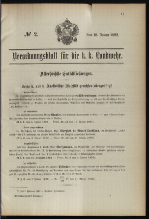 Verordnungsblatt für die Kaiserlich-Königliche Landwehr 18920118 Seite: 1