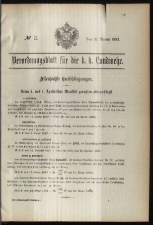 Verordnungsblatt für die Kaiserlich-Königliche Landwehr 18920127 Seite: 1