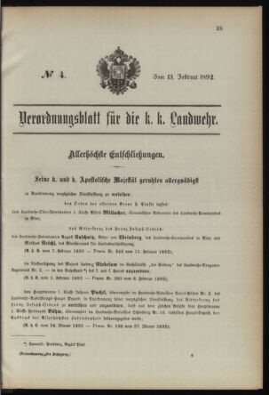 Verordnungsblatt für die Kaiserlich-Königliche Landwehr 18920213 Seite: 1