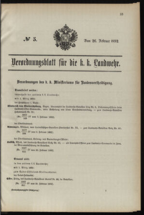 Verordnungsblatt für die Kaiserlich-Königliche Landwehr 18920226 Seite: 1