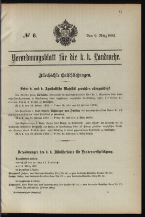 Verordnungsblatt für die Kaiserlich-Königliche Landwehr 18920309 Seite: 1