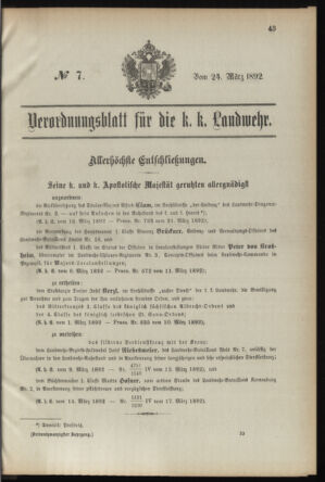 Verordnungsblatt für die Kaiserlich-Königliche Landwehr 18920324 Seite: 1