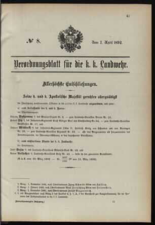 Verordnungsblatt für die Kaiserlich-Königliche Landwehr 18920407 Seite: 1