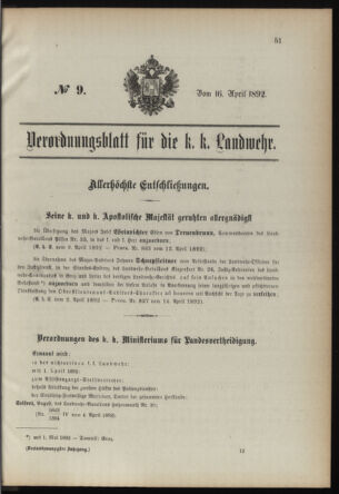 Verordnungsblatt für die Kaiserlich-Königliche Landwehr 18920416 Seite: 1