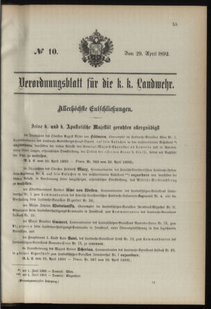 Verordnungsblatt für die Kaiserlich-Königliche Landwehr 18920429 Seite: 1