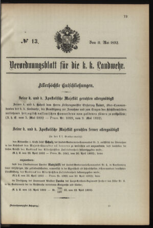 Verordnungsblatt für die Kaiserlich-Königliche Landwehr 18920511 Seite: 1