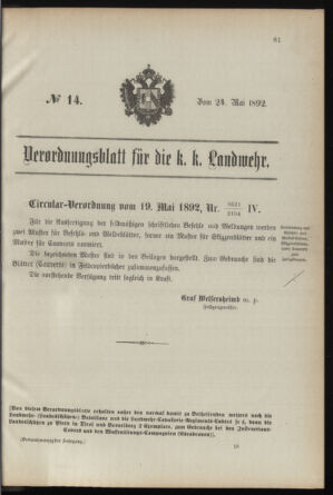 Verordnungsblatt für die Kaiserlich-Königliche Landwehr 18920524 Seite: 1