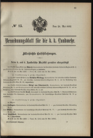 Verordnungsblatt für die Kaiserlich-Königliche Landwehr 18920528 Seite: 1