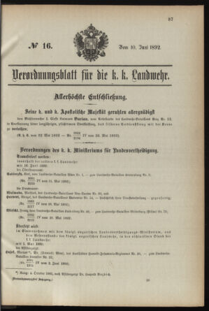 Verordnungsblatt für die Kaiserlich-Königliche Landwehr 18920610 Seite: 1