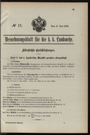 Verordnungsblatt für die Kaiserlich-Königliche Landwehr 18920617 Seite: 1