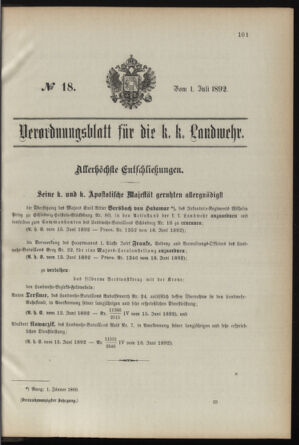 Verordnungsblatt für die Kaiserlich-Königliche Landwehr 18920701 Seite: 1