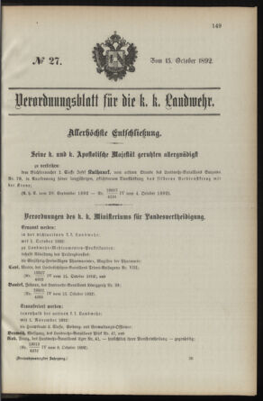 Verordnungsblatt für die Kaiserlich-Königliche Landwehr 18921015 Seite: 1