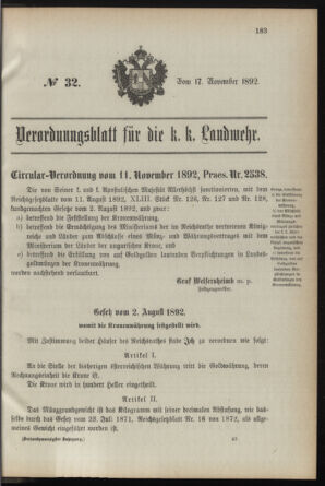 Verordnungsblatt für die Kaiserlich-Königliche Landwehr 18921117 Seite: 1