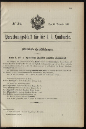 Verordnungsblatt für die Kaiserlich-Königliche Landwehr 18921212 Seite: 1