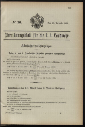 Verordnungsblatt für die Kaiserlich-Königliche Landwehr 18921223 Seite: 1