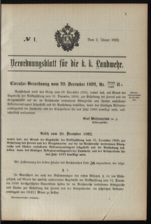 Verordnungsblatt für die Kaiserlich-Königliche Landwehr 18930103 Seite: 1