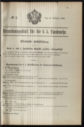 Verordnungsblatt für die Kaiserlich-Königliche Landwehr 18930216 Seite: 1