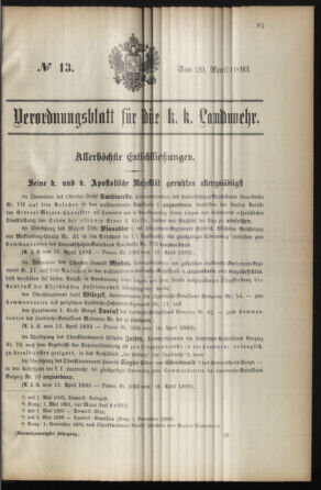 Verordnungsblatt für die Kaiserlich-Königliche Landwehr 18930420 Seite: 1