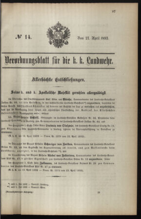 Verordnungsblatt für die Kaiserlich-Königliche Landwehr 18930427 Seite: 1