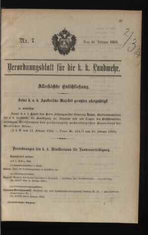 Verordnungsblatt für die Kaiserlich-Königliche Landwehr 19040218 Seite: 1