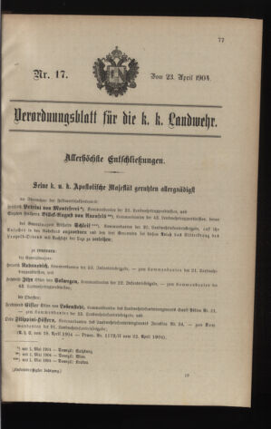 Verordnungsblatt für die Kaiserlich-Königliche Landwehr 19040423 Seite: 1