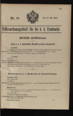 Verordnungsblatt für die Kaiserlich-Königliche Landwehr 19040521 Seite: 1