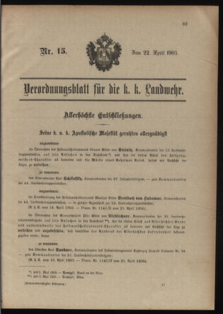 Verordnungsblatt für die Kaiserlich-Königliche Landwehr 19050422 Seite: 1