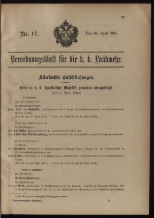 Verordnungsblatt für die Kaiserlich-Königliche Landwehr 19050430 Seite: 1