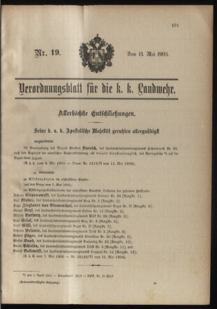 Verordnungsblatt für die Kaiserlich-Königliche Landwehr 19050513 Seite: 1