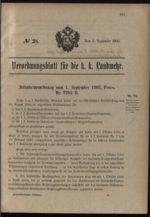 Verordnungsblatt für die Kaiserlich-Königliche Landwehr 19050905 Seite: 1