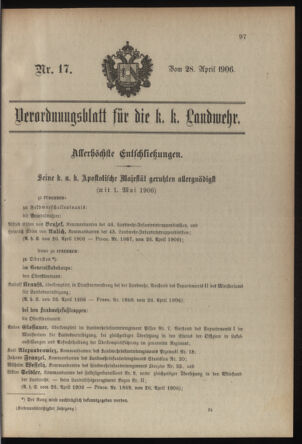 Verordnungsblatt für die Kaiserlich-Königliche Landwehr 19060428 Seite: 1