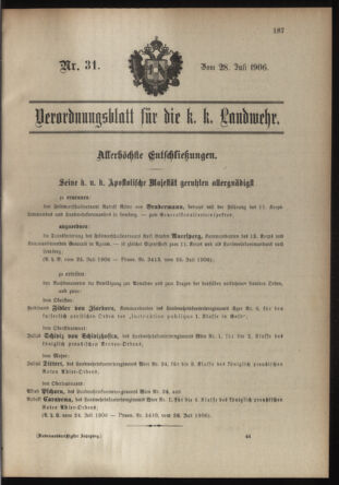 Verordnungsblatt für die Kaiserlich-Königliche Landwehr 19060728 Seite: 1