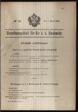 Verordnungsblatt für die Kaiserlich-Königliche Landwehr 19060804 Seite: 1