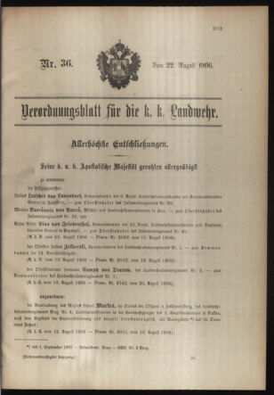 Verordnungsblatt für die Kaiserlich-Königliche Landwehr 19060822 Seite: 1