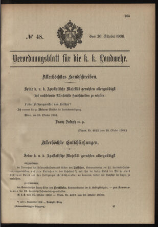 Verordnungsblatt für die Kaiserlich-Königliche Landwehr 19061030 Seite: 1