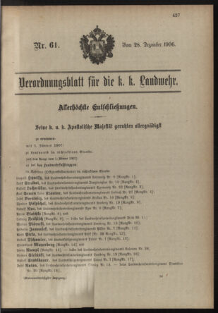 Verordnungsblatt für die Kaiserlich-Königliche Landwehr 19061228 Seite: 1