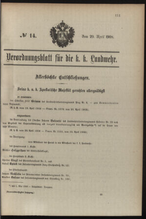 Verordnungsblatt für die Kaiserlich-Königliche Landwehr 19080429 Seite: 1